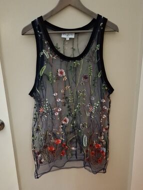 Etalon Sheer Embroidered Floral Tank Top - Black with Multicolor Embroidery_1
